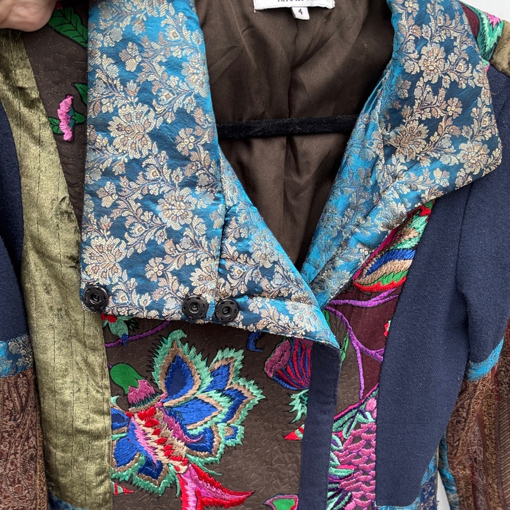 Ritu Kumar Multicolor Patchwork Embroidered Trench Boho Coat Jacket-4 - Picture 9 of 15
